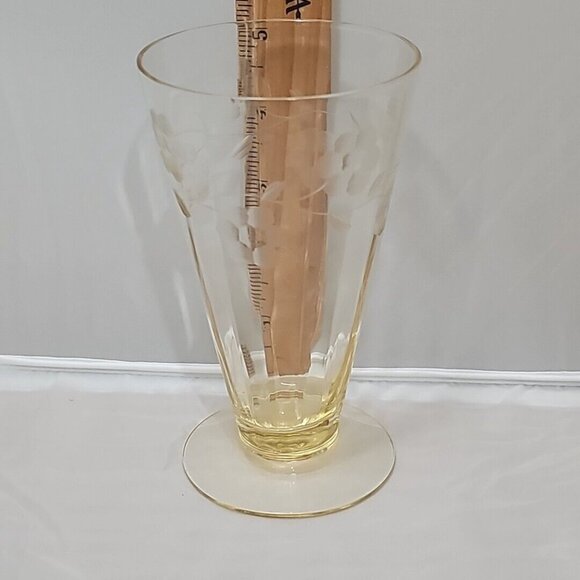Tiffin Floral Etched Footed Ice Tea Tumbler 5" Mandarin Yellow Depression Glass - Picture 5 of 6